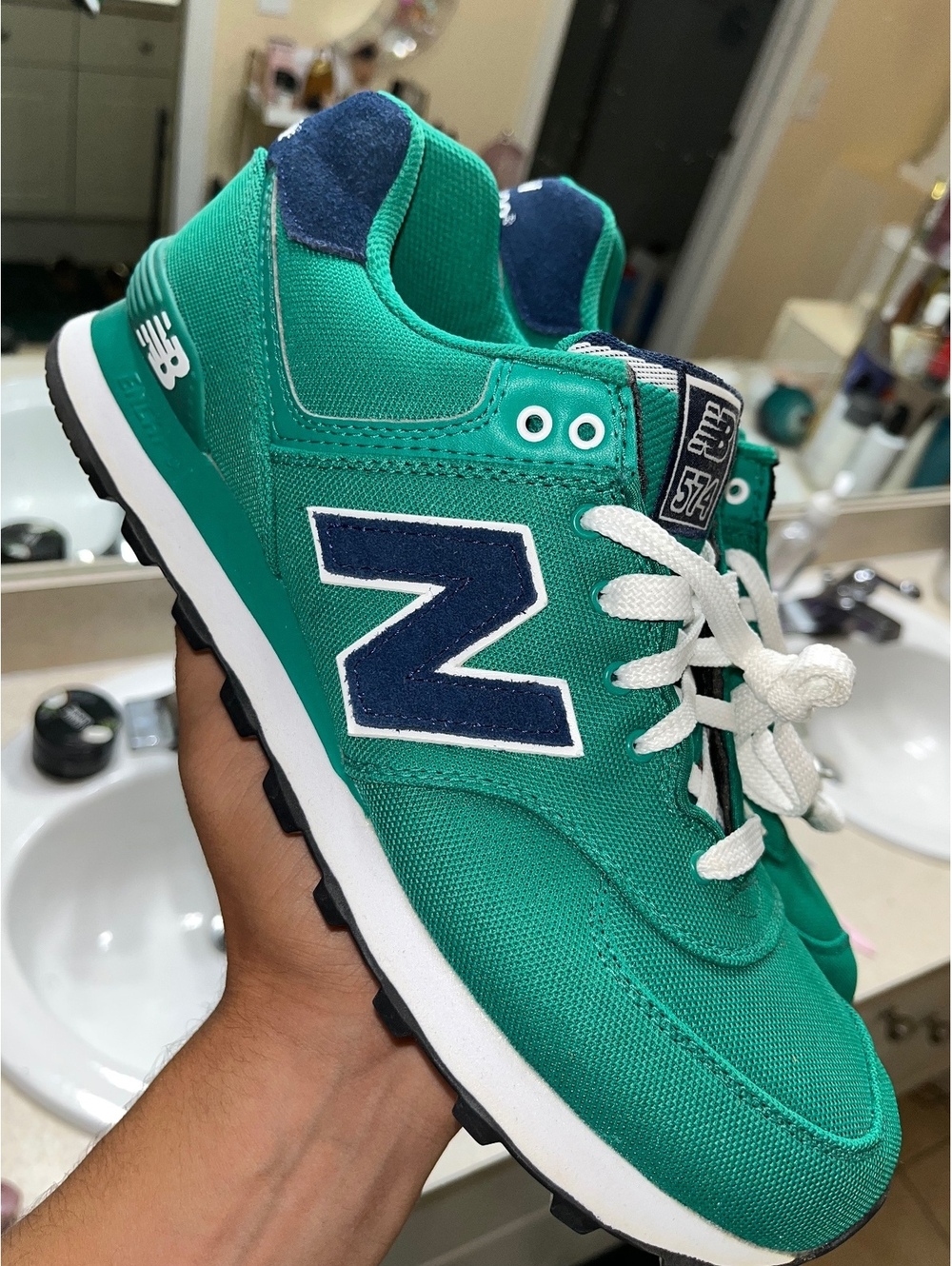 New Balance 574 teal navy sneakers